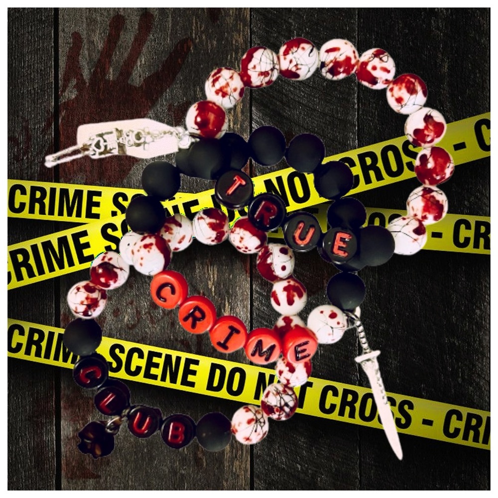True Crime Club Hand Made Letter Charm Stacking Bracelet Set in White/Black/Red